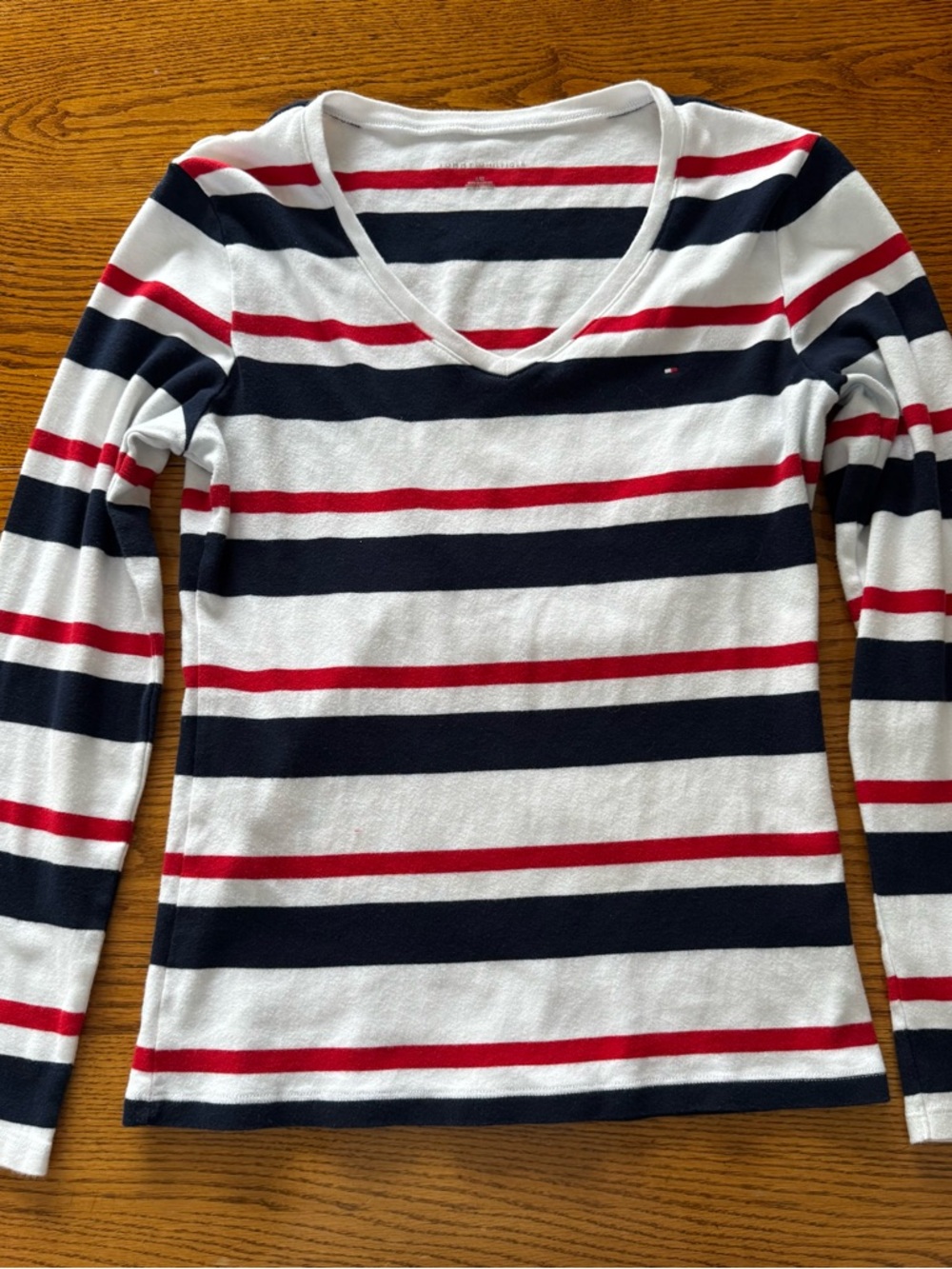 Tommy Hilfiger Striped V-Neck Long Sleeve Top - Navy, White & Red